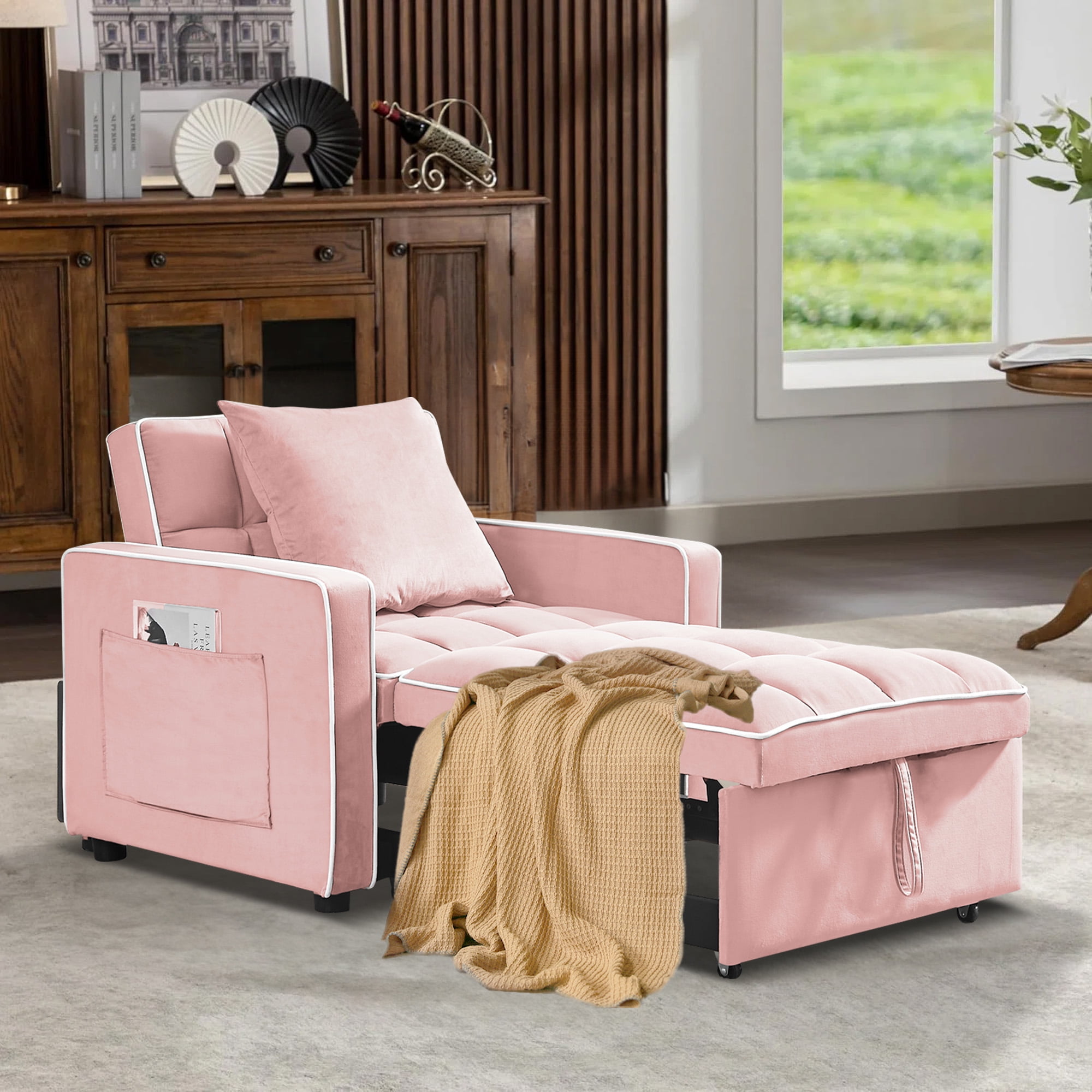 Aukfa Sleeper Chair Bed, Convertible Pull Out Sofa Bed for Living Room Apartment, Pink