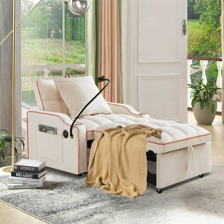 Aukfa Sleeper Chair Bed Convertible Pull Out Sofa Bed with USB Port Cup Holders and Swivel Phone Holder Beige Walmart