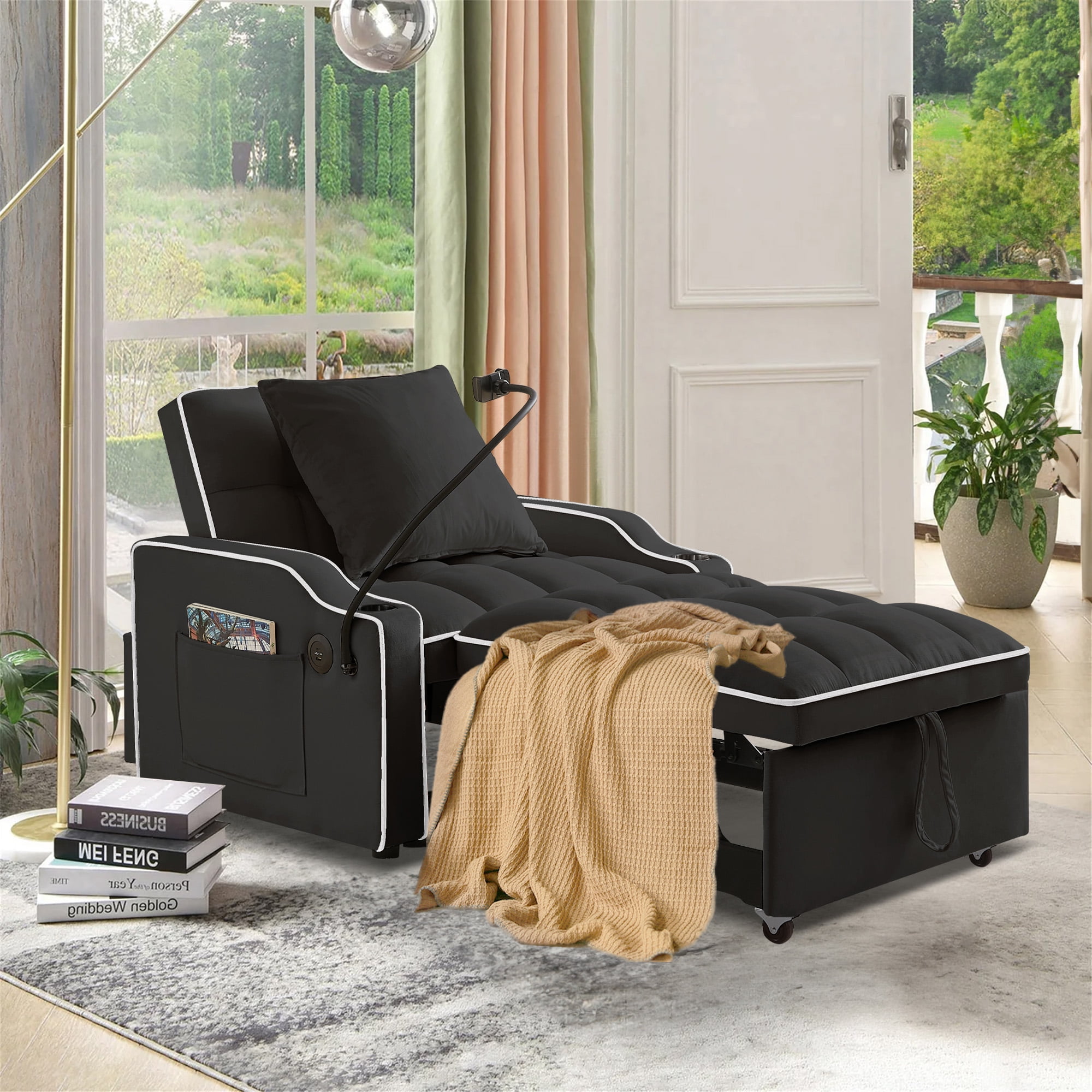 Aukfa Sleeper Chair Bed, Convertible Pull Out Sofa Bed with USB Port, Cup Holders and Swivel Phone Holder, Black