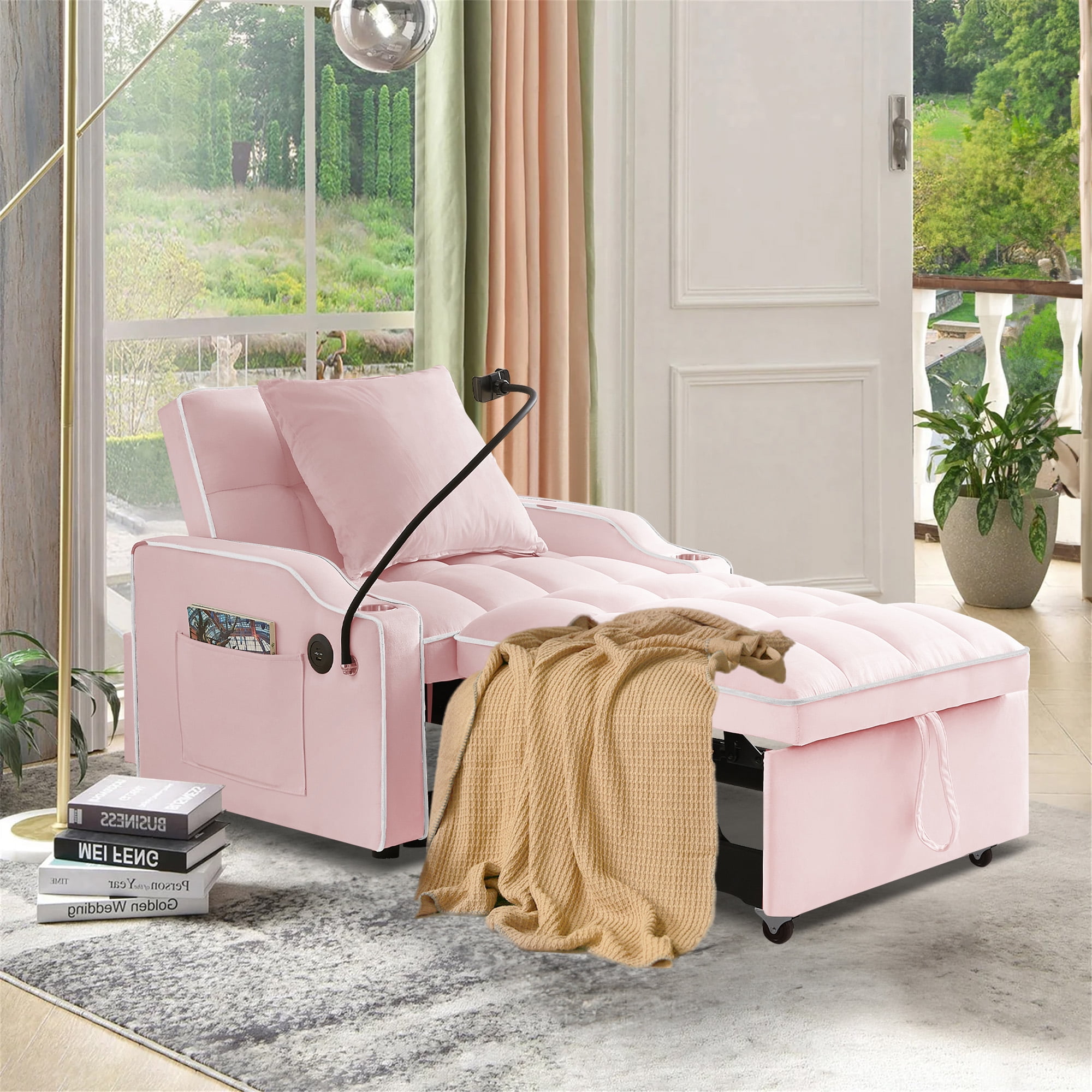 Aukfa Sleeper Chair Bed, Convertible Pull Out Sofa Bed with USB Port, Cup Holders and Swivel Phone Holder, Pink