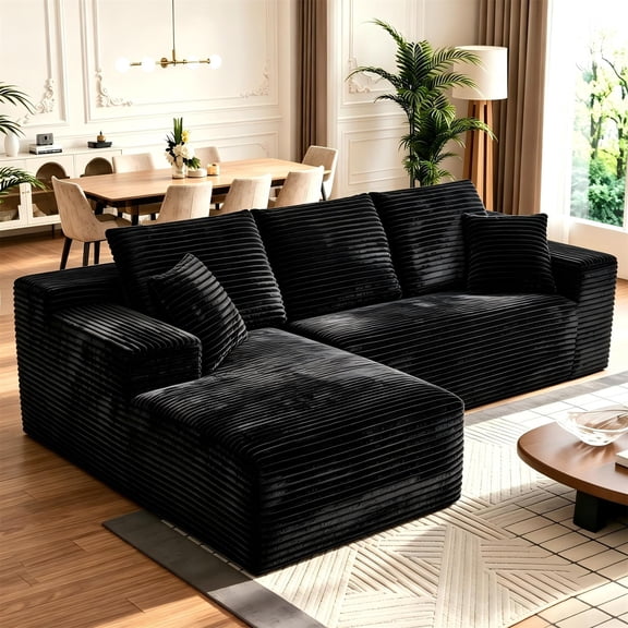 Aukfa 108" Cloud Sectional Sofa Deep Seat Boneless Couch Modular L-Shaped Couch, Oversized Left Chaise Corduroy Sofa for Living Room, Black