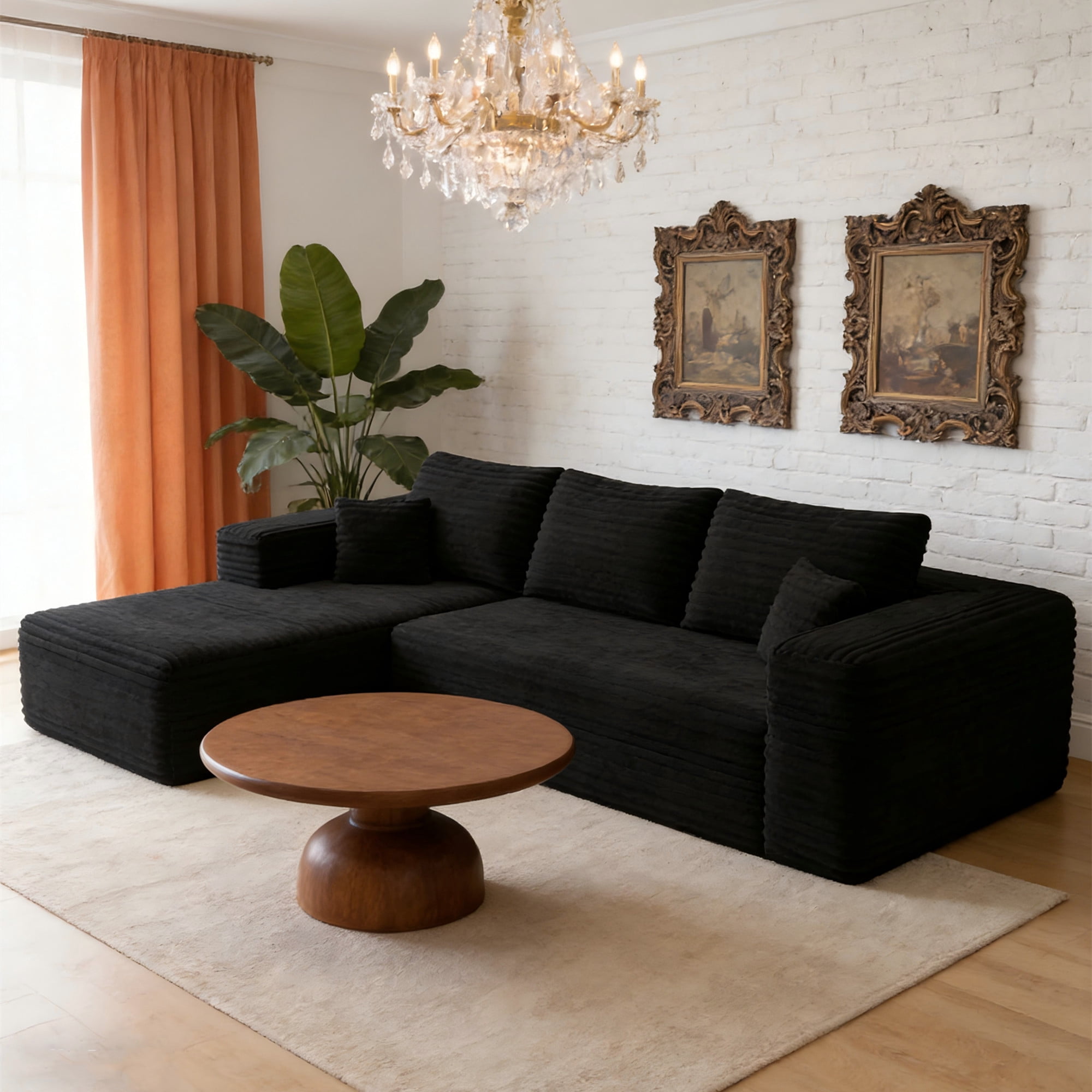 Aukfa 106" Cloud Sectional Sofa Boneless Couch Modular Sofa Bed for Living Room, 2Pillows, Left Chiase, Corduroy, Black