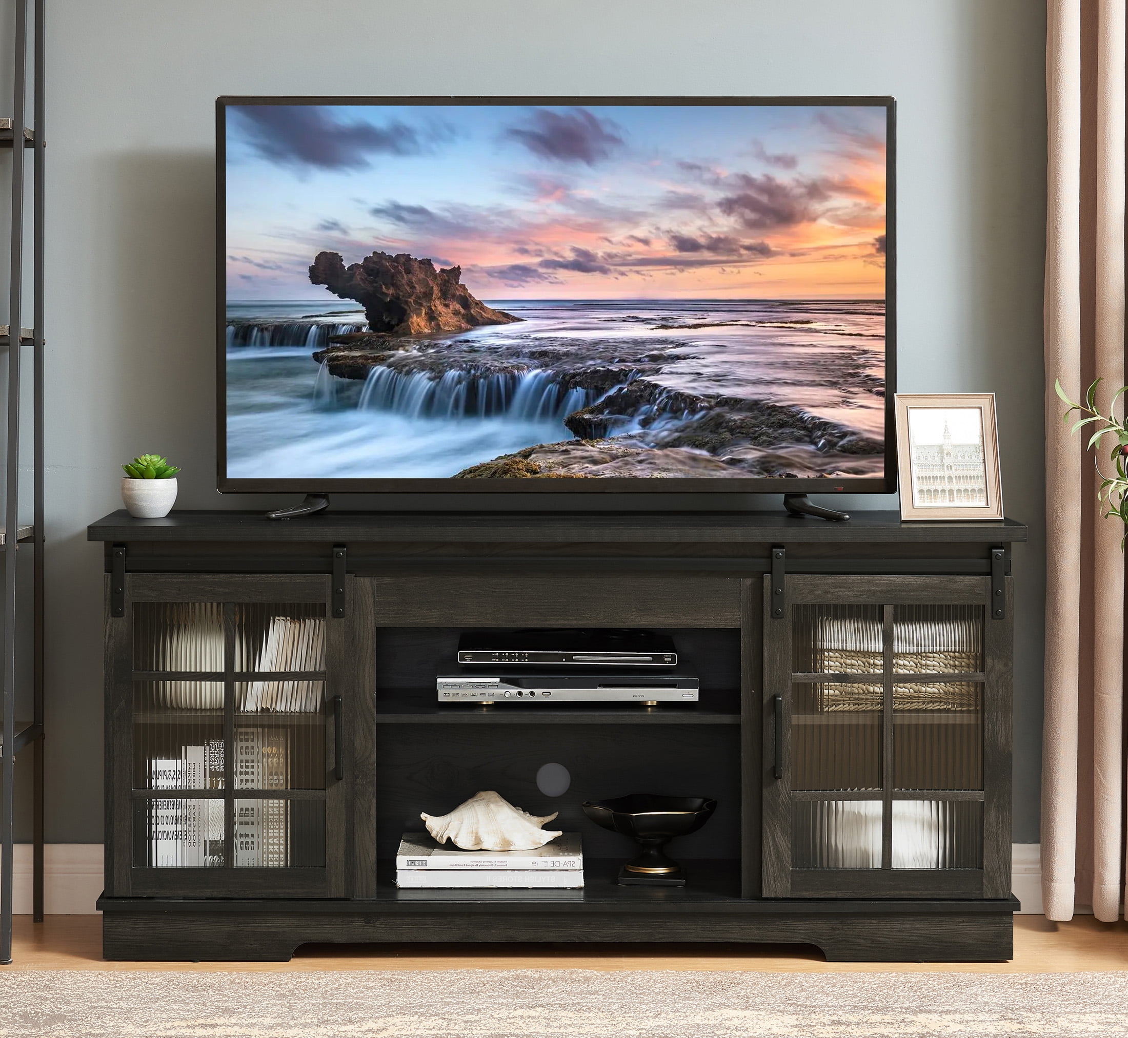 Aukfa Sliding Door TV Stand for TVs up to 65" with 2 Glass Doors for Living Room, Gray