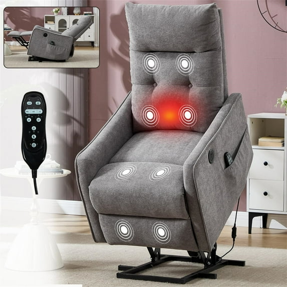 Aukfa Small Power Lift Recliner Chair w/ Massage&Heat for Adult, Arm with USB Port, Infinite Position, Chenille, Light Gray