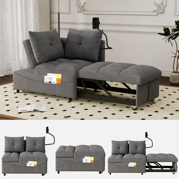 Aukfa Small Sleeper Sofa Bed with USB Charging, 5-in-1 Convertible Velvet Couch with Phone Pocket for Studio Apartment/Dormitory,Gray