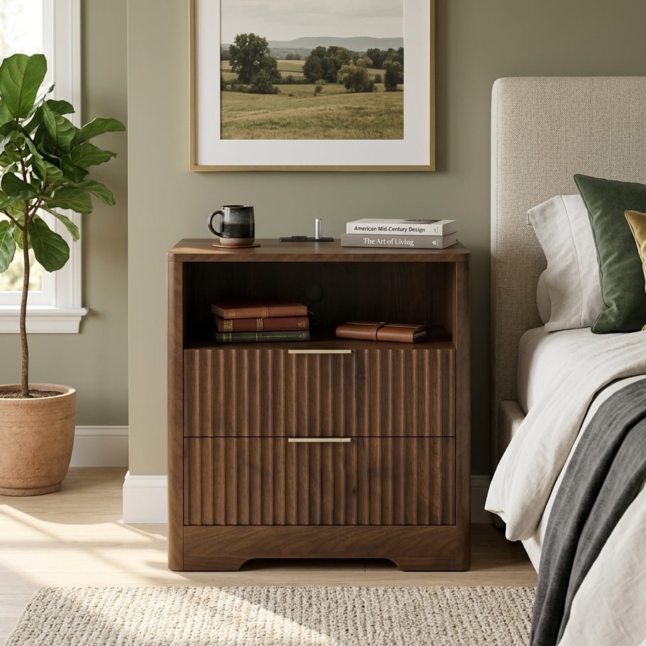 Aukfa Smart 2 Drawer Nightstand with Voice Control & Charging Station,7-Color LED Bedside Table for Bedroom,Walnut