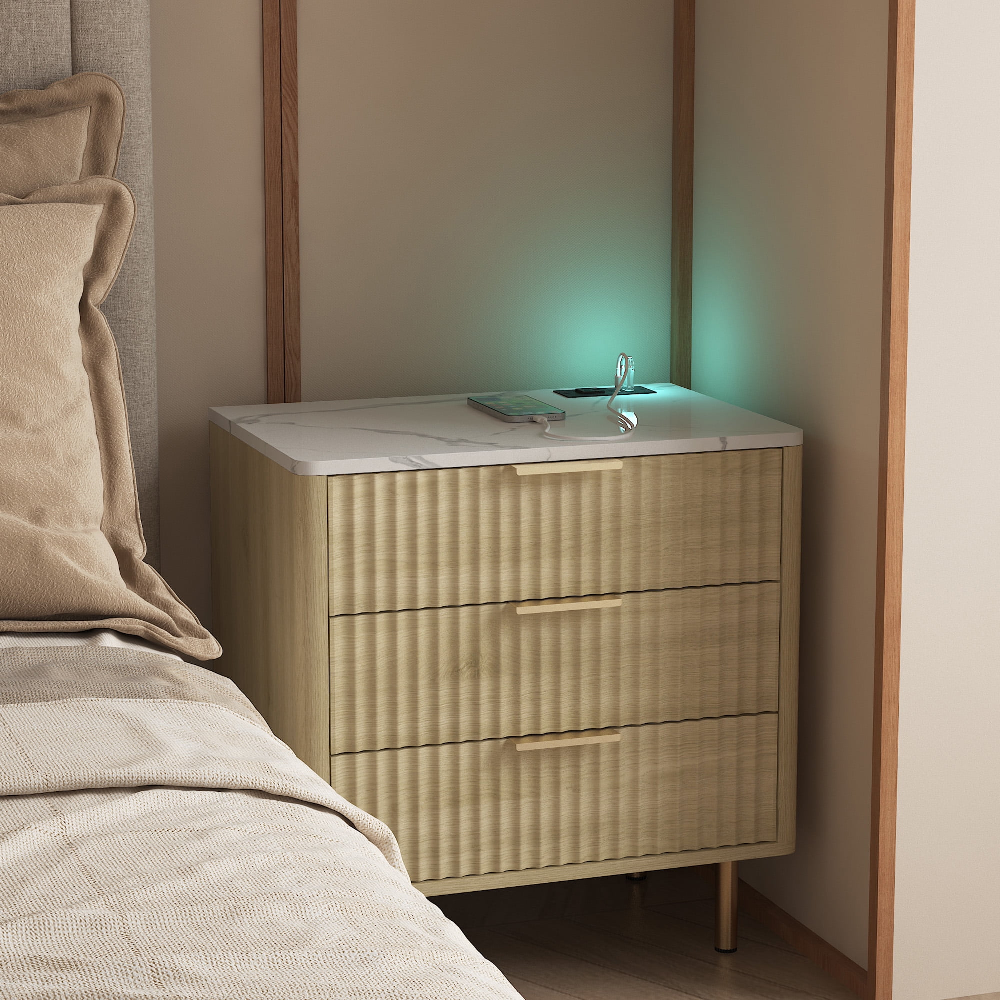 Aukfa Smart 3 Drawer Nightstand with Charging Station, Side Table with Voice-Controlled 7-Color LED Light,Natural