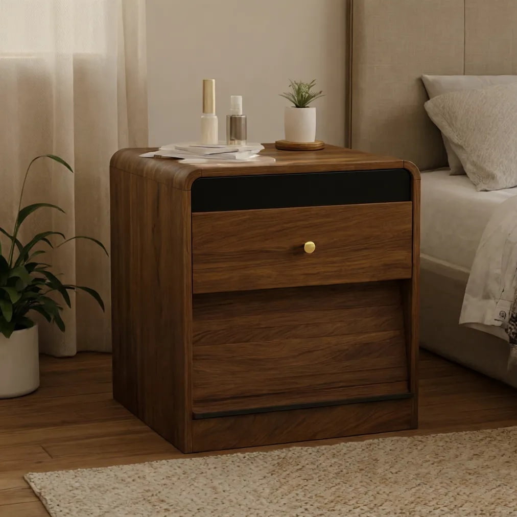 Aukfa Smart Nightstand with Charging Station, Side Table with Voice-Controlled 7-Color LED Light, Modern Bedside Table for Bedroom,Walnut