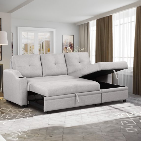 Aukfa Sofa Bed, Sleeper Sofa, 2 in 1 Pull Out Bed with Storage Chaise for Living Room, Linen, Gray
