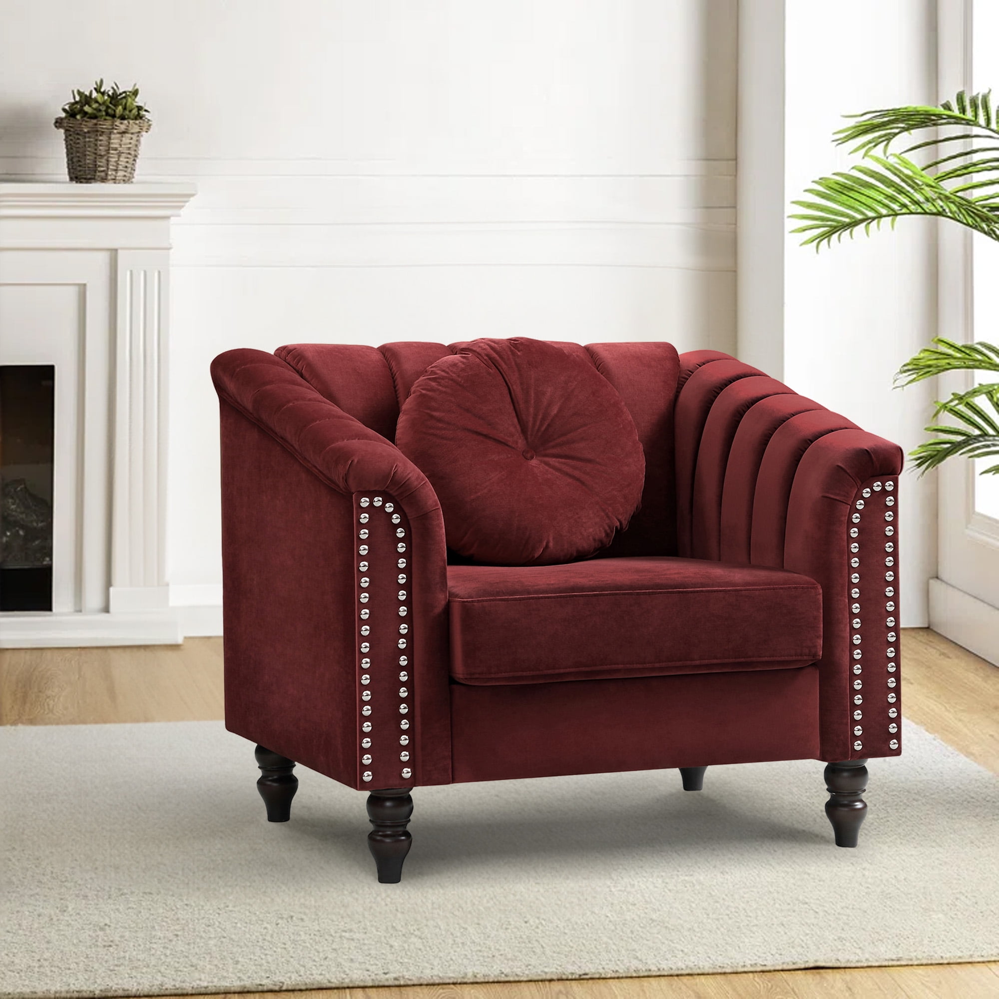Aukfa Sofa Chair, Flannel Accent Chair with Pillow for Living Room, Red
