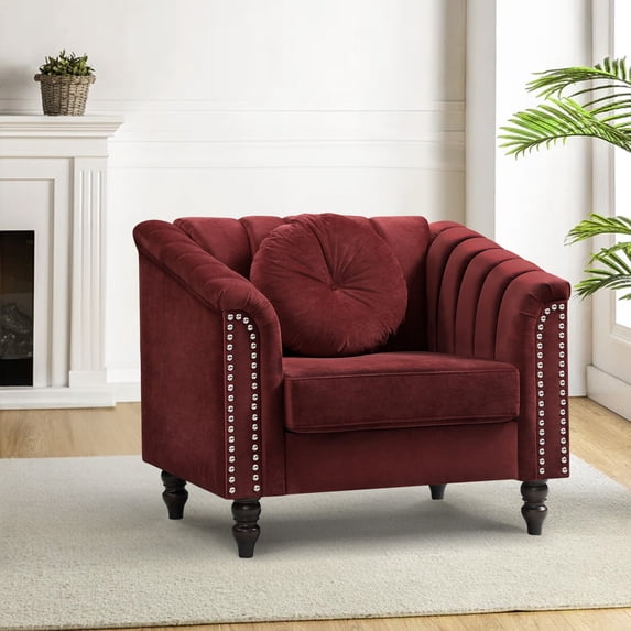 Aukfa Sofa Chair, Flannel Accent Chair with Pillow for Living Room, Red