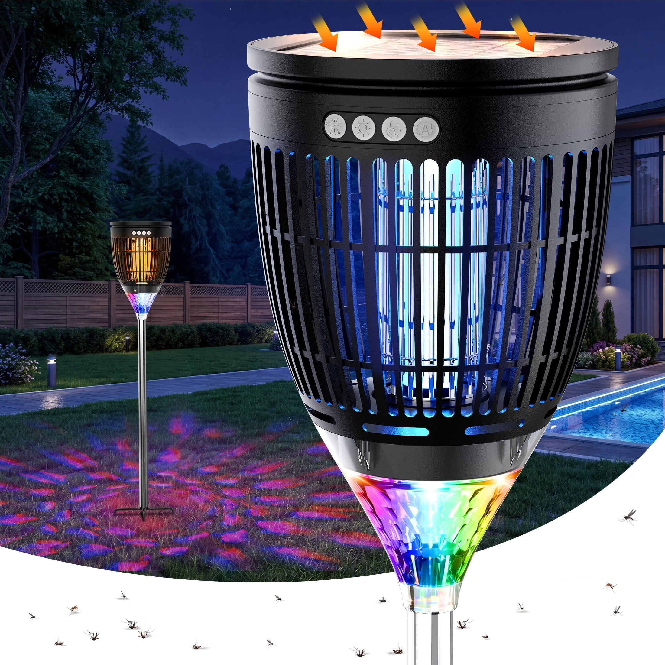 Aukfa Solar Bug Zapper Outdoor, 4200V 3-in-1 Mosquito Zapper, Flame Light & RGB Projector, IPX5