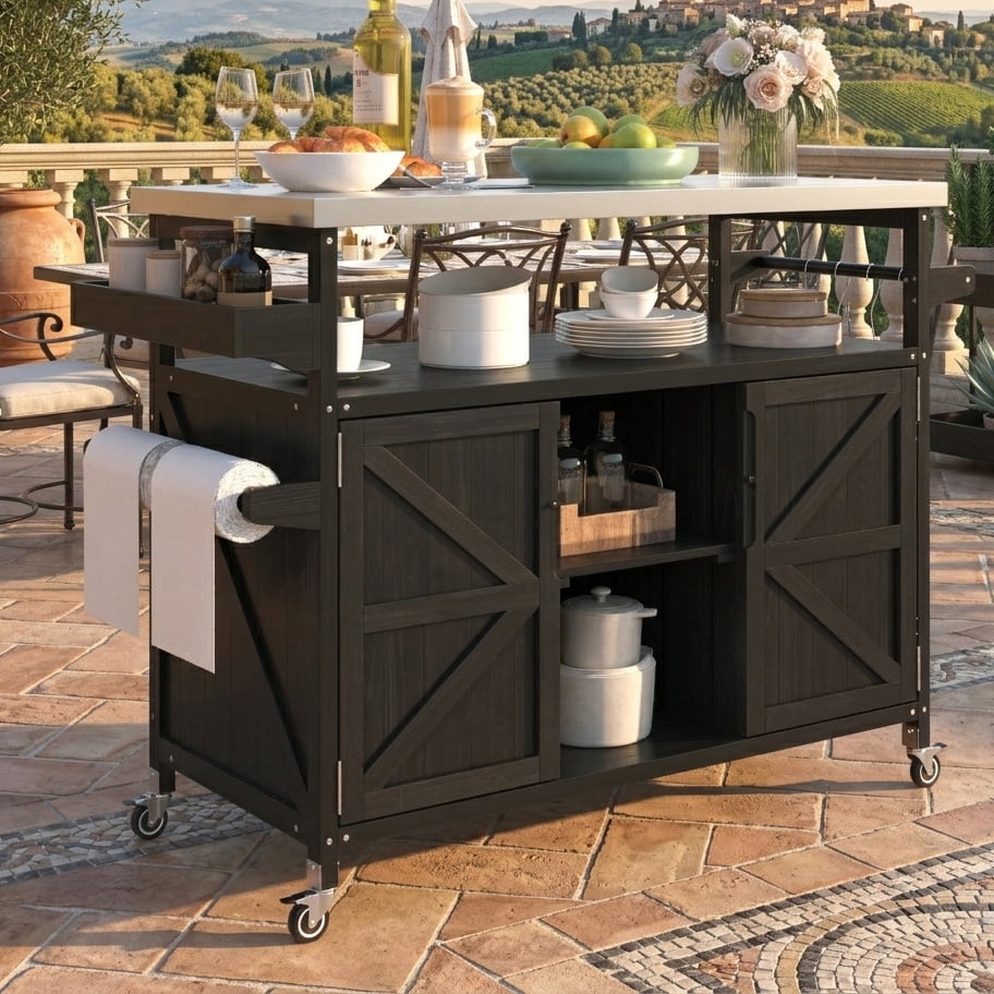 Aukfa Solid Fir Wood Outdoor Kitchen Island with Stainless Steel Top, Rolling BBQ Grill Cart with Storage Cabinet,Black