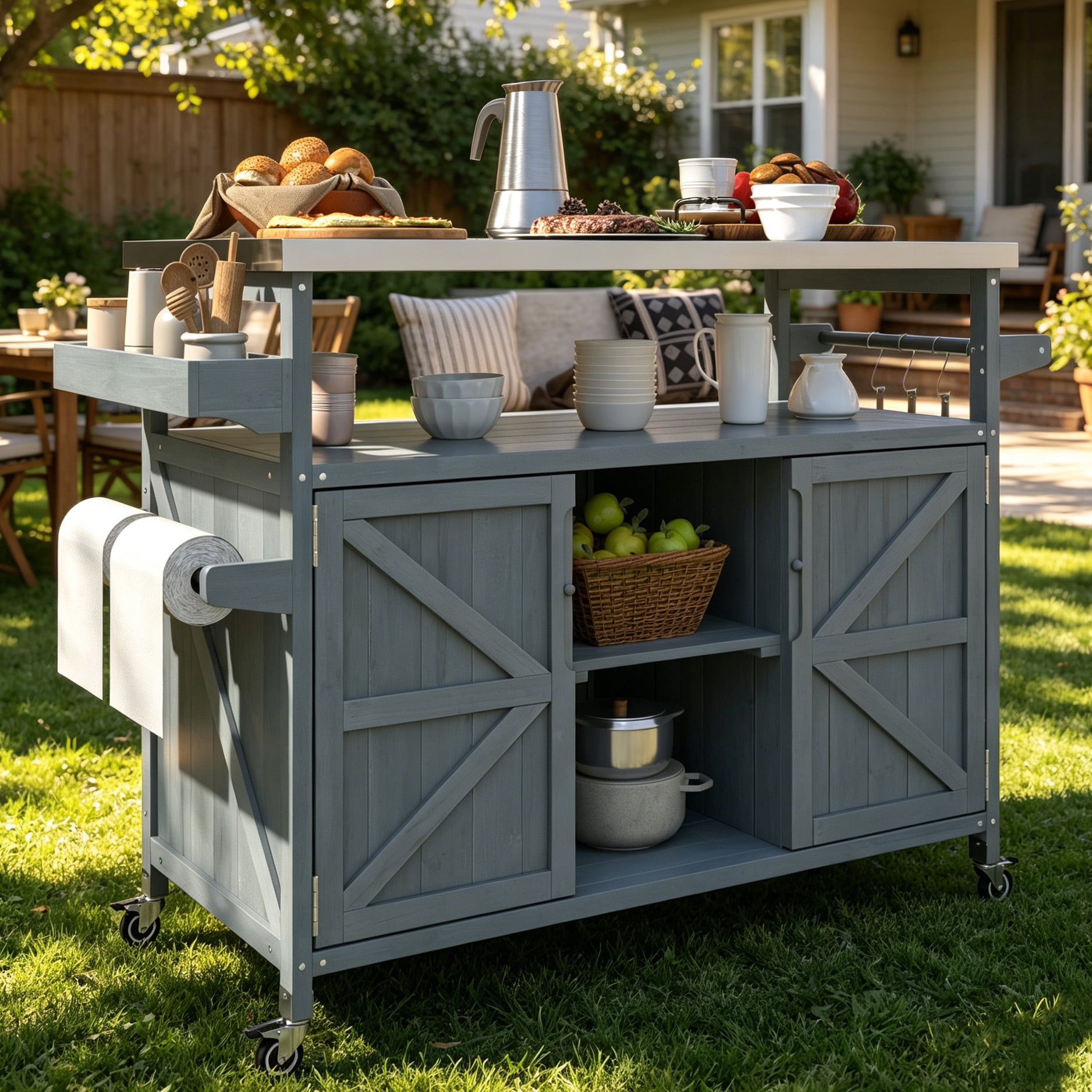 Aukfa Solid Fir Wood Outdoor Kitchen Island with Stainless Steel Top, Rolling BBQ Grill Cart with Storage Cabinet,Blue