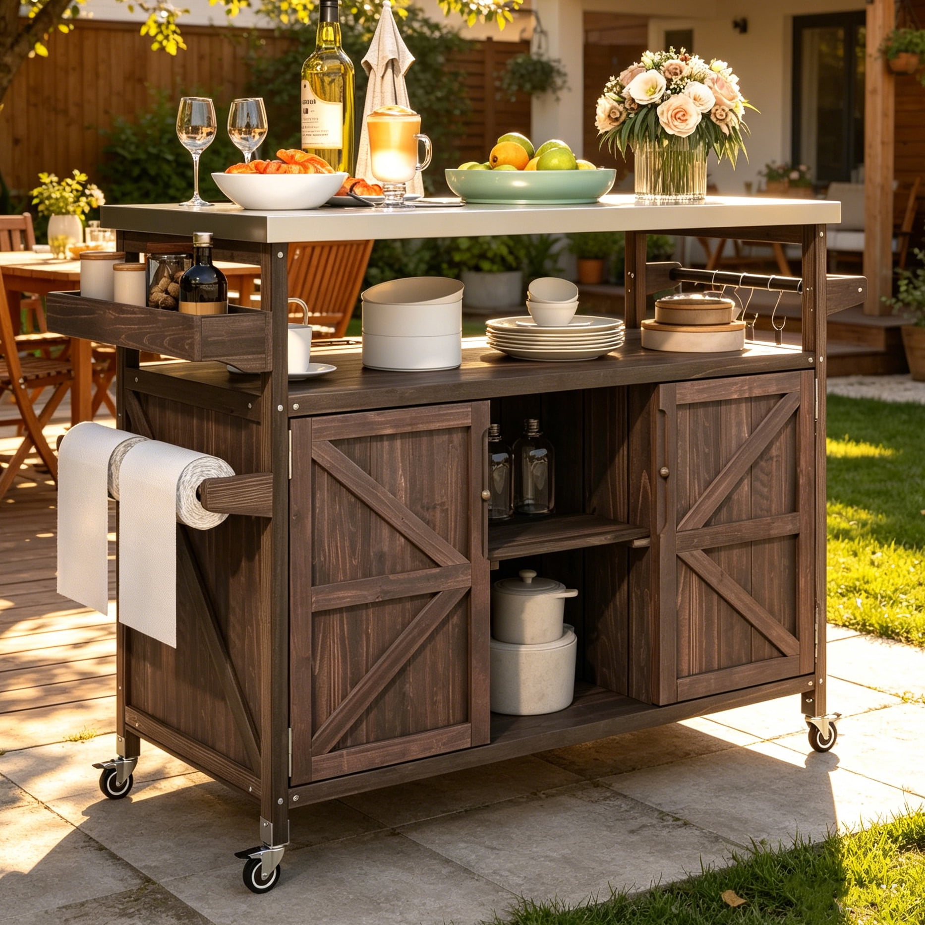 Aukfa Solid Fir Wood Outdoor Kitchen Island with Stainless Steel Top, Rolling BBQ Grill Cart with Storage Cabinet,Dark Brown