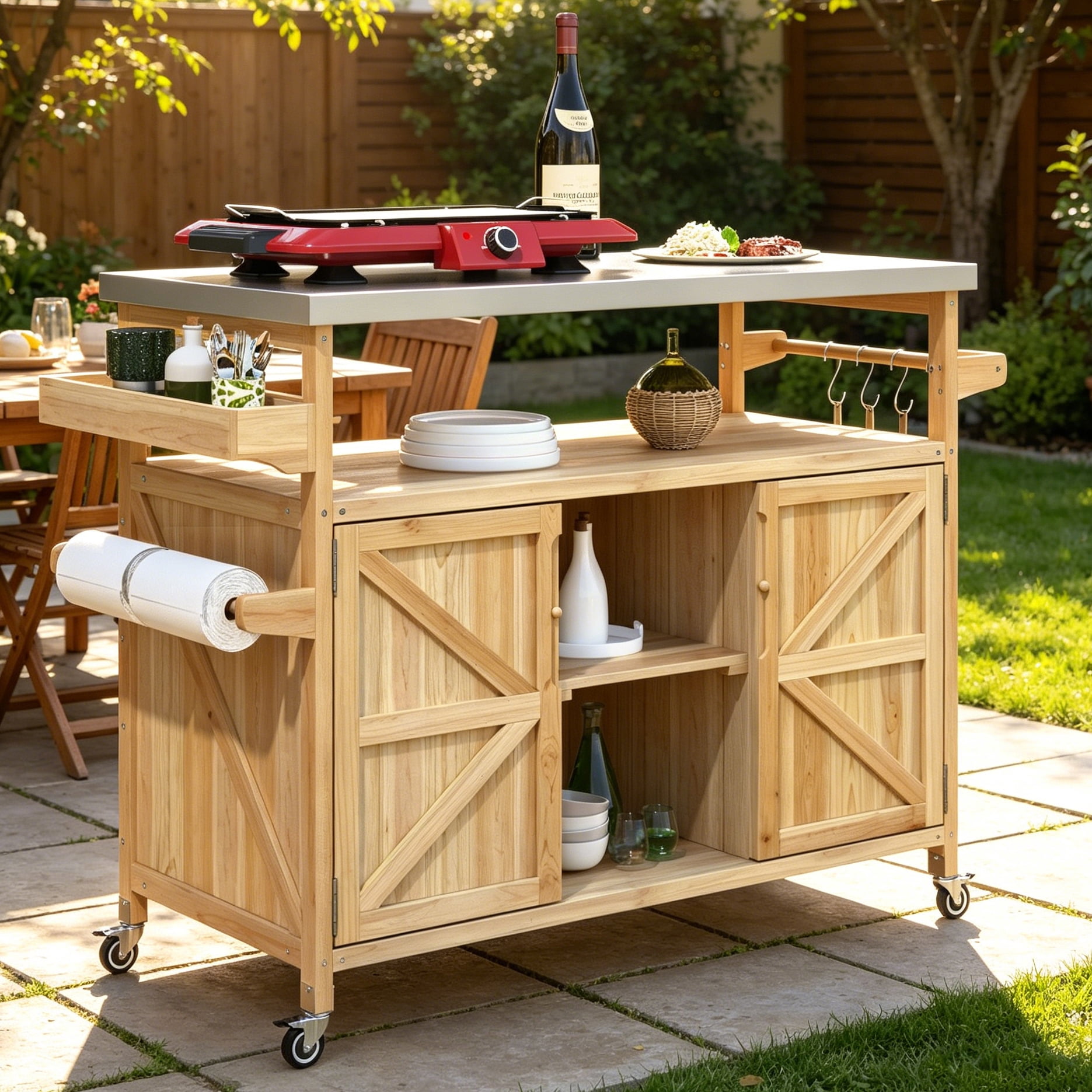 Aukfa Solid Fir Wood Outdoor Kitchen Island with Stainless Steel Top, Rolling BBQ Grill Cart with Storage Cabinet,Natural