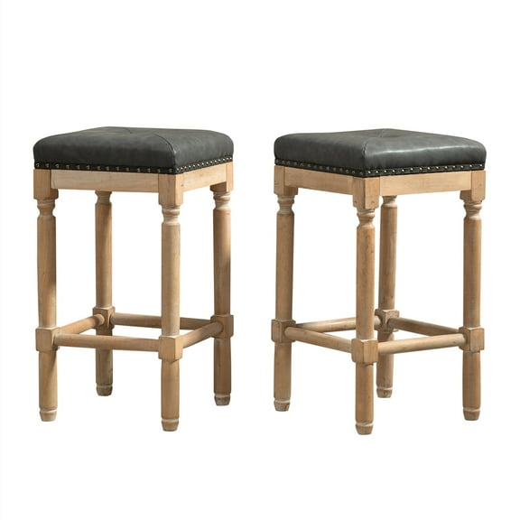 Aukfa Solid Wood Bar Stool Set of 2, 26" H Upholstered Counter Barstool with Footrest, Rivet Trim