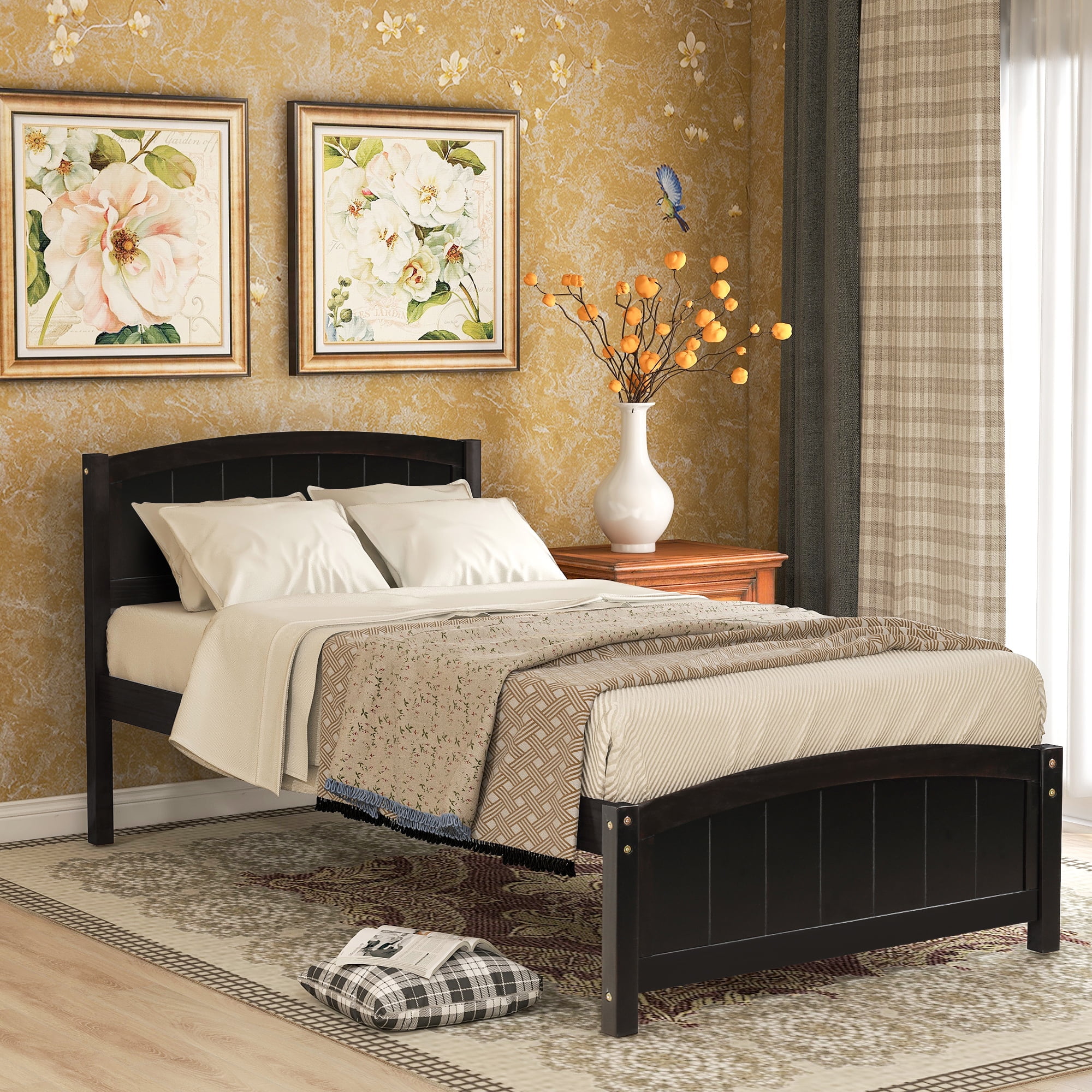 Aukfa Solid Wood Bed Frame, Twin Platform Bed with Headboard, Espresso