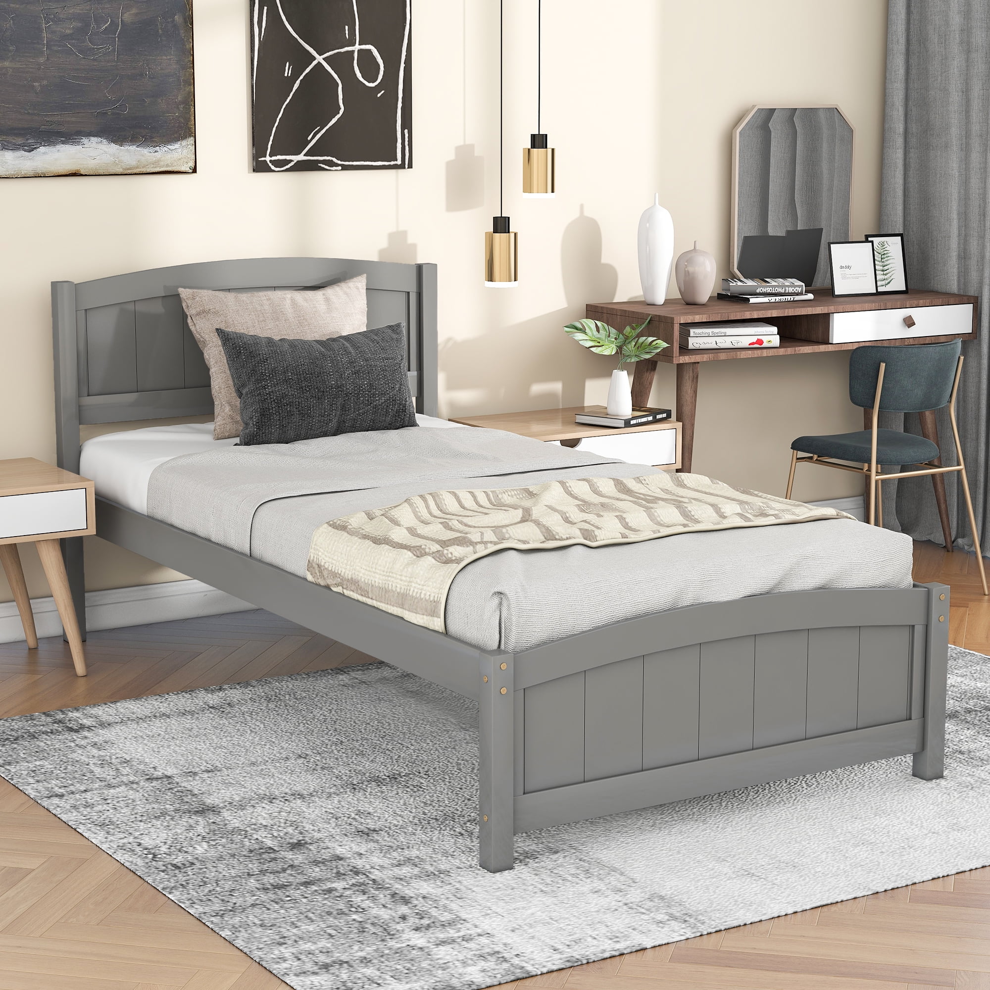 Aukfa Solid Wood Bed Frame, Twin Platform Bed with Headboard, Gray
