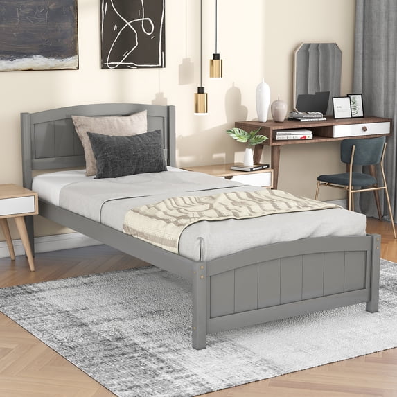 Aukfa Solid Wood Bed Frame, Twin Platform Bed with Headboard, Gray