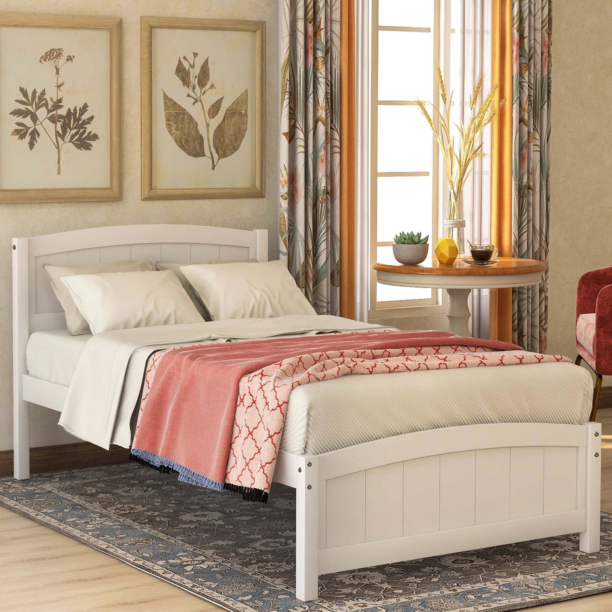 Aukfa Solid Wood Bed Frame, Twin Platform Bed with Headboard, White