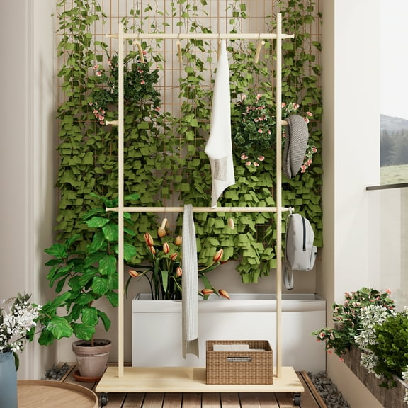 Aukfa Solid Wood Clothes Drying Racks with 6 Wooden Hangers & Adjustable Shelf for Bedroom, Living Room,Old Pine