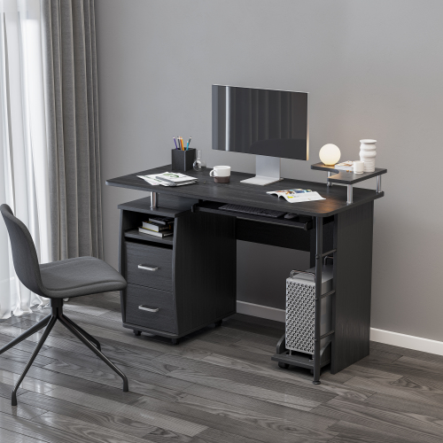 Aukfa Solid Wood Computer Desk,Office Table With Pc Droller,Storage Shelves And File Cabinet,Two Drawers,Cpu Tray,A Shelf Used For Planting,Single,Black - image 1 of 9