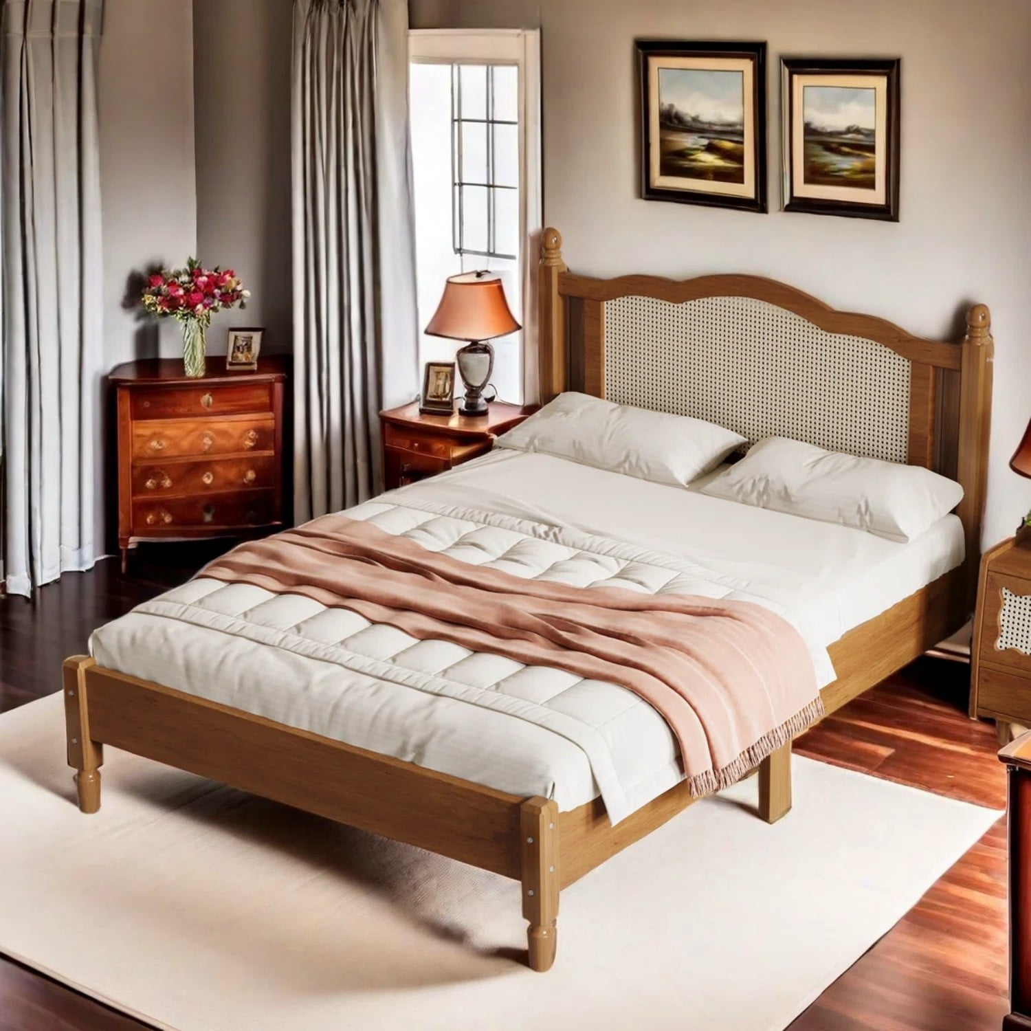 Aukfa Solid Wood Full Size Bed Frame with Natural Rattan Headboard, Walnut