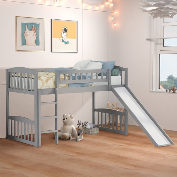 Aukfa Solid Wood Loft Bed with Slide for Kids Girls Boys, Twin Size, Gray