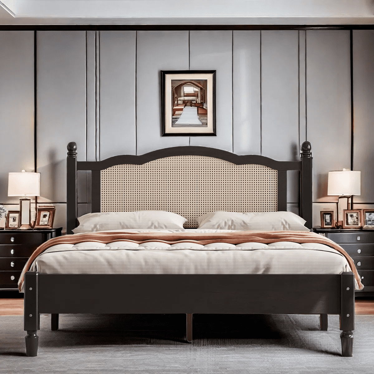 Aukfa Solid Wood Queen Size Bed Frame with Natural Rattan Headboard, Black