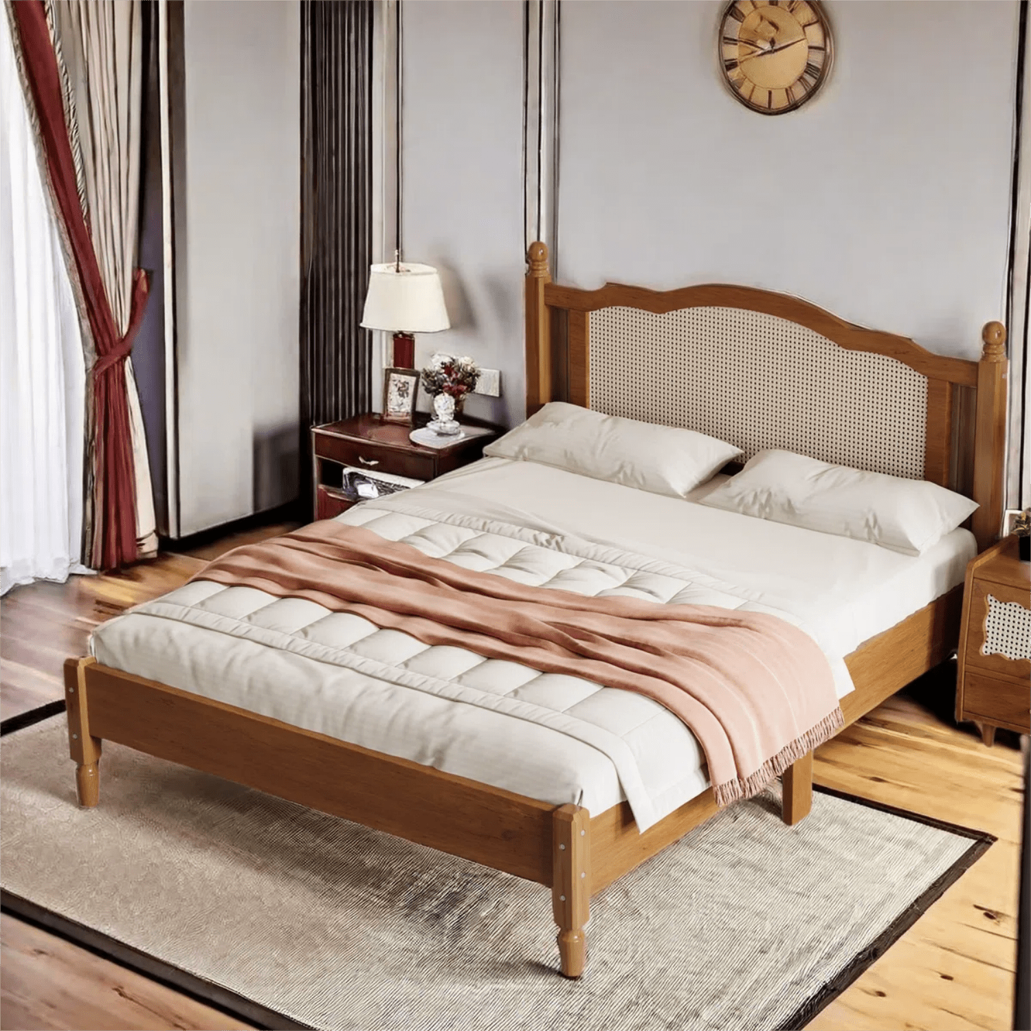 Aukfa Solid Wood Queen Size Bed Frame with Natural Rattan Headboard, Walnut