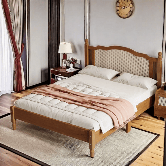 Aukfa Solid Wood Queen Size Bed Frame with Natural Rattan Headboard, Walnut