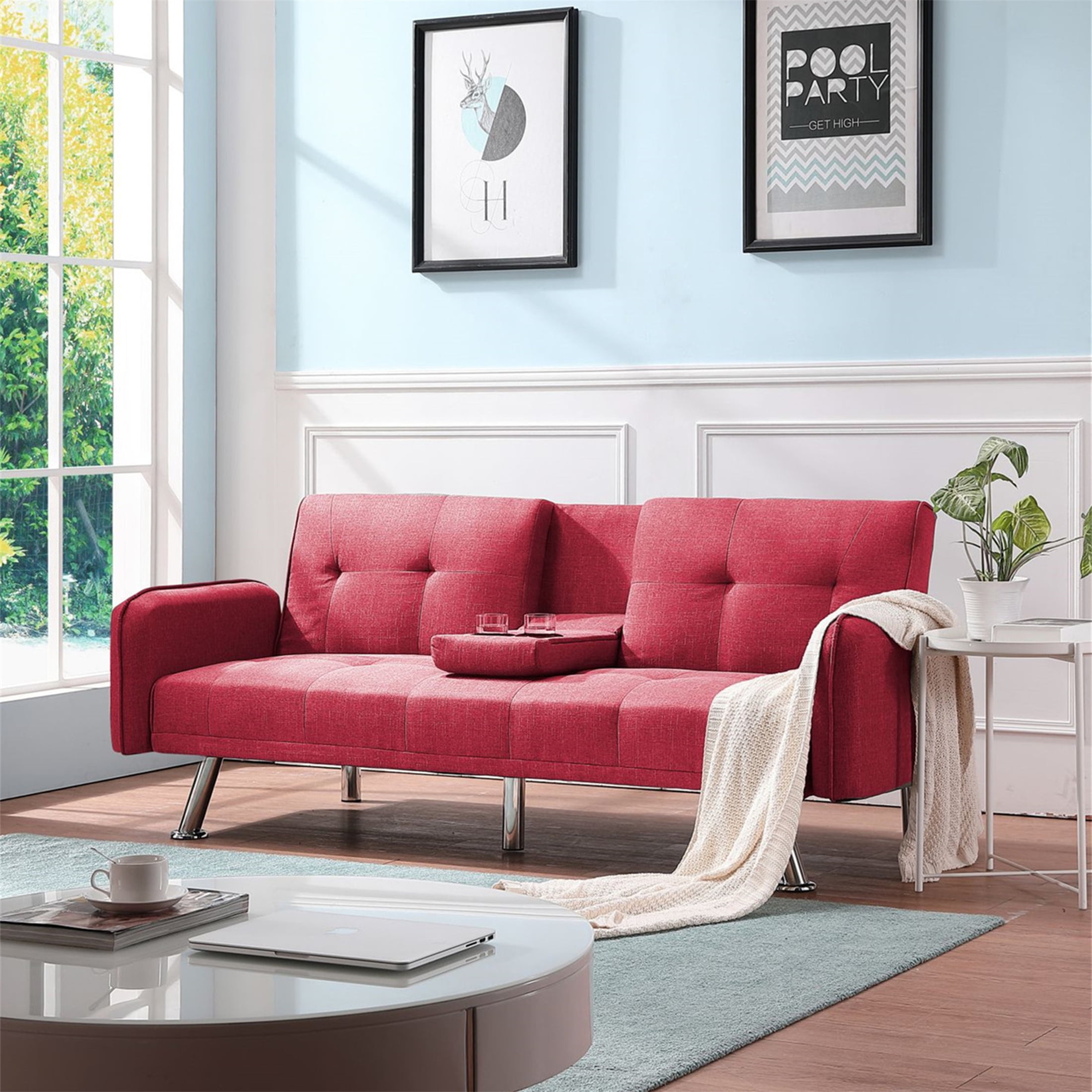 Aukfa Square Arm Futon Convertible Sofa, 2 Cup Holders, Tufted Back