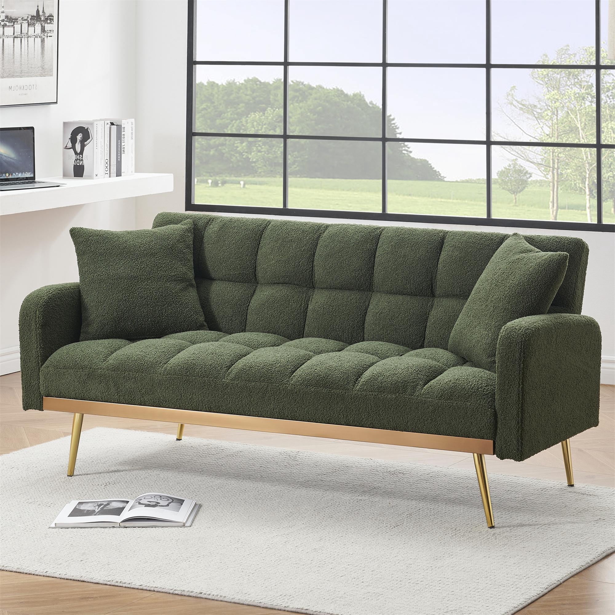 Aukfa Square Tufted Futon Convertible Sofa Bed for Home Office, 2 Pillows, Teddy Fleece, Green