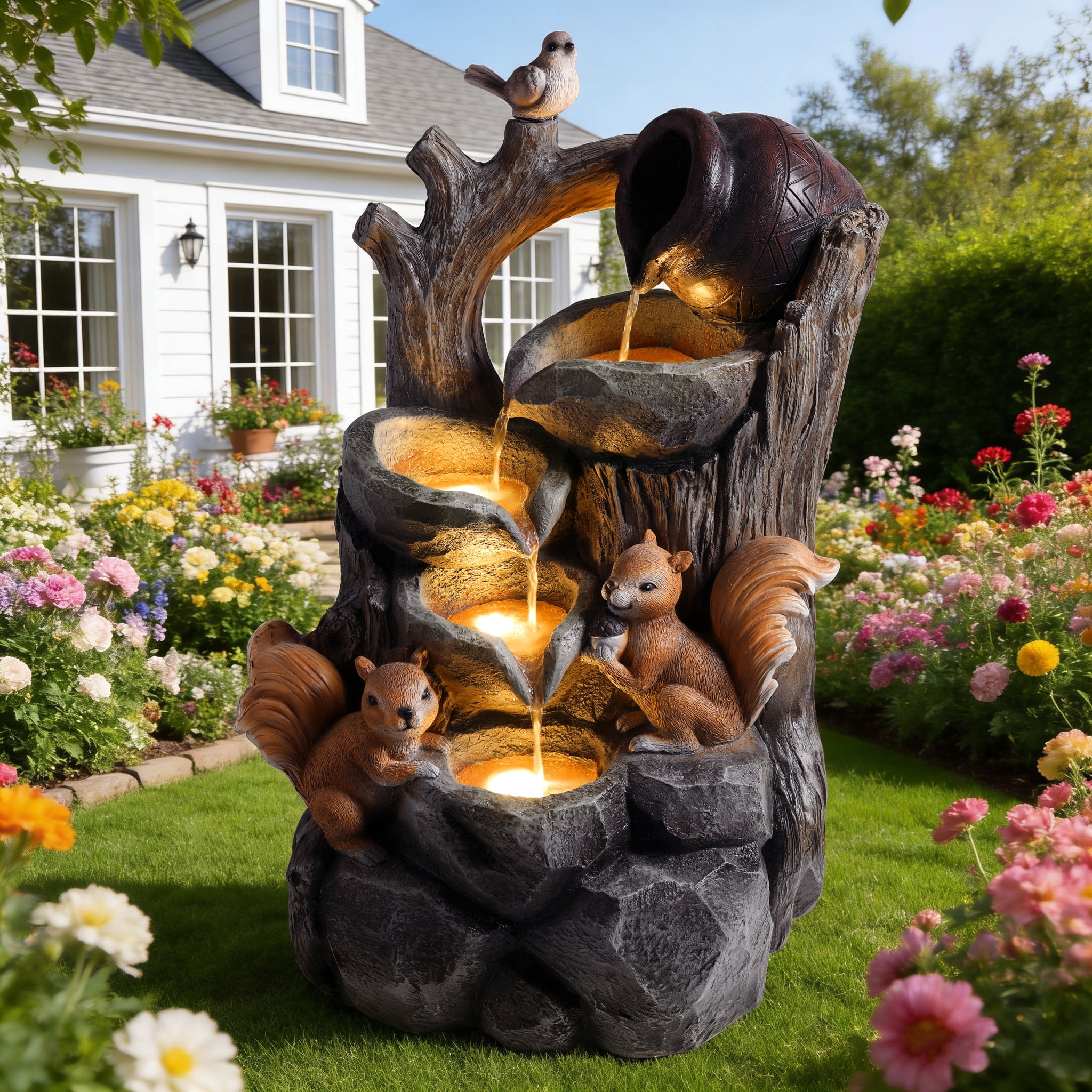 Aukfa Squirrel Outdoor Water Fountain with LED Lights, Resin Tree Stump Waterfall Feature for Patio Garden Backyard,Gray