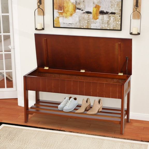 Aukfa Storage Bench, Wood Shoe Bench with Flip Top Storage for Hallway/Entryway/Living Room, Cherry