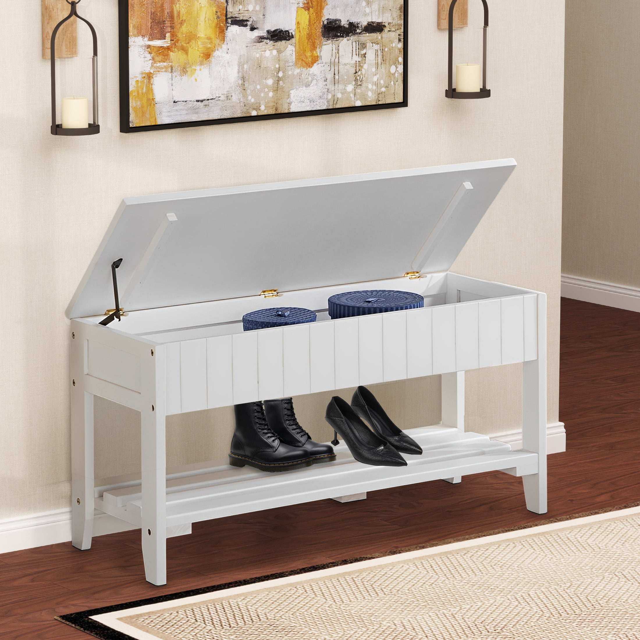 Aukfa Storage Bench, Wood Shoe Bench with Flip Top Storage for