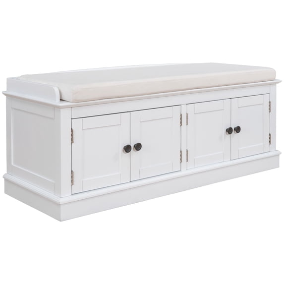 Aukfa Storage Bench with 4 Doors and Adjustable Shelves - Shoe Bench with Removable Cushion for Living Room - White