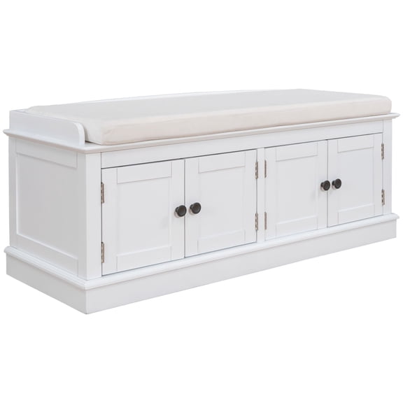 Aukfa Storage Bench with 4 Doors and Adjustable Shelves - Shoe Bench with Removable Cushion for Living Room - White