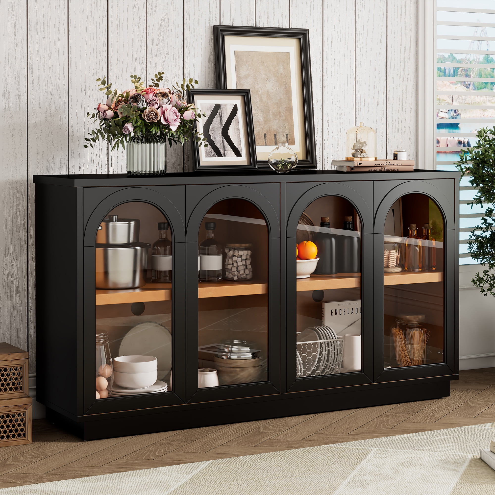 Aukfa Storage Buffet Cabinet with 4 Glass Doors, Large Arched Cabinet,Black