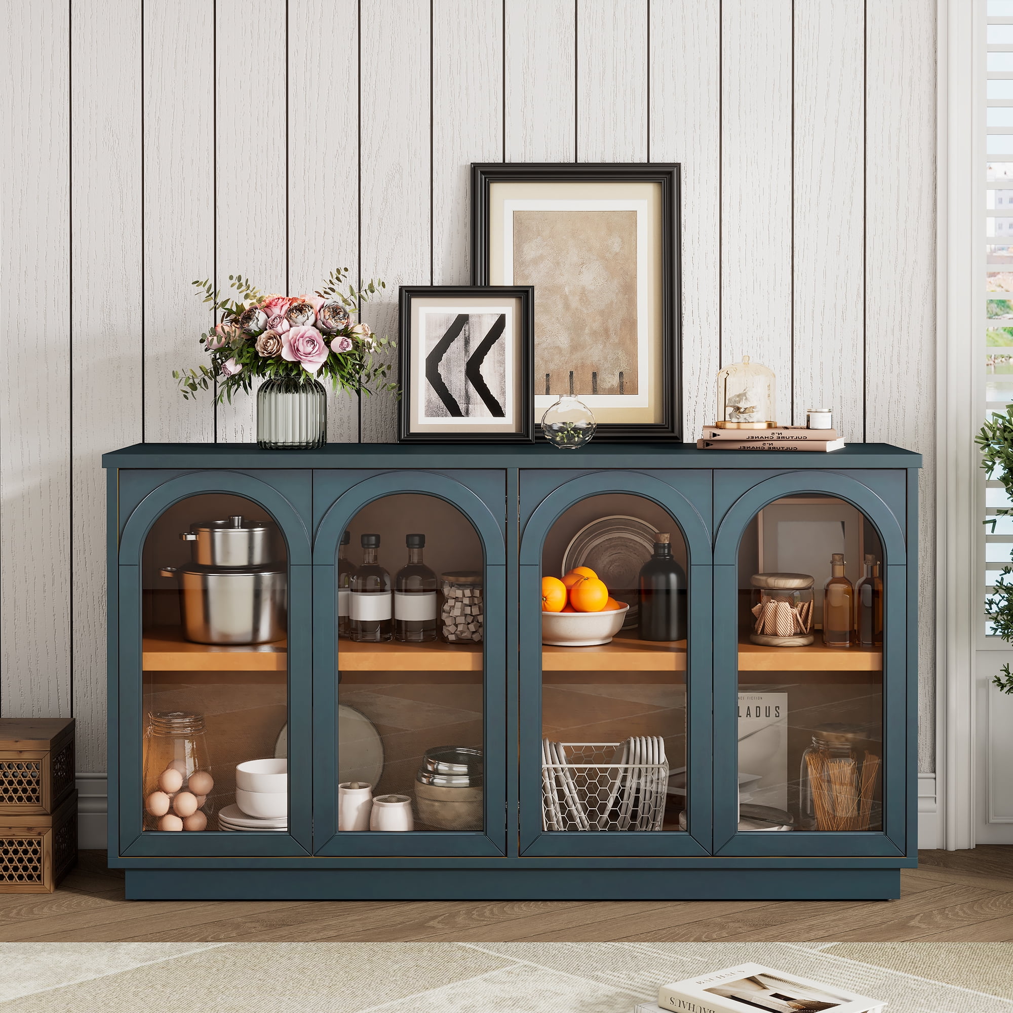 Aukfa Storage Buffet Cabinet with 4 Glass Doors, Large Arched Cabinet,Navy