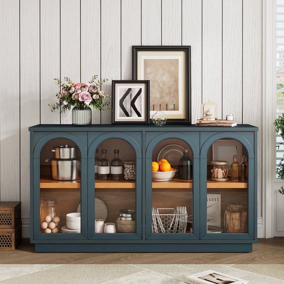 Aukfa Storage Buffet Cabinet with 4 Glass Doors, Large Arched Cabinet,Navy