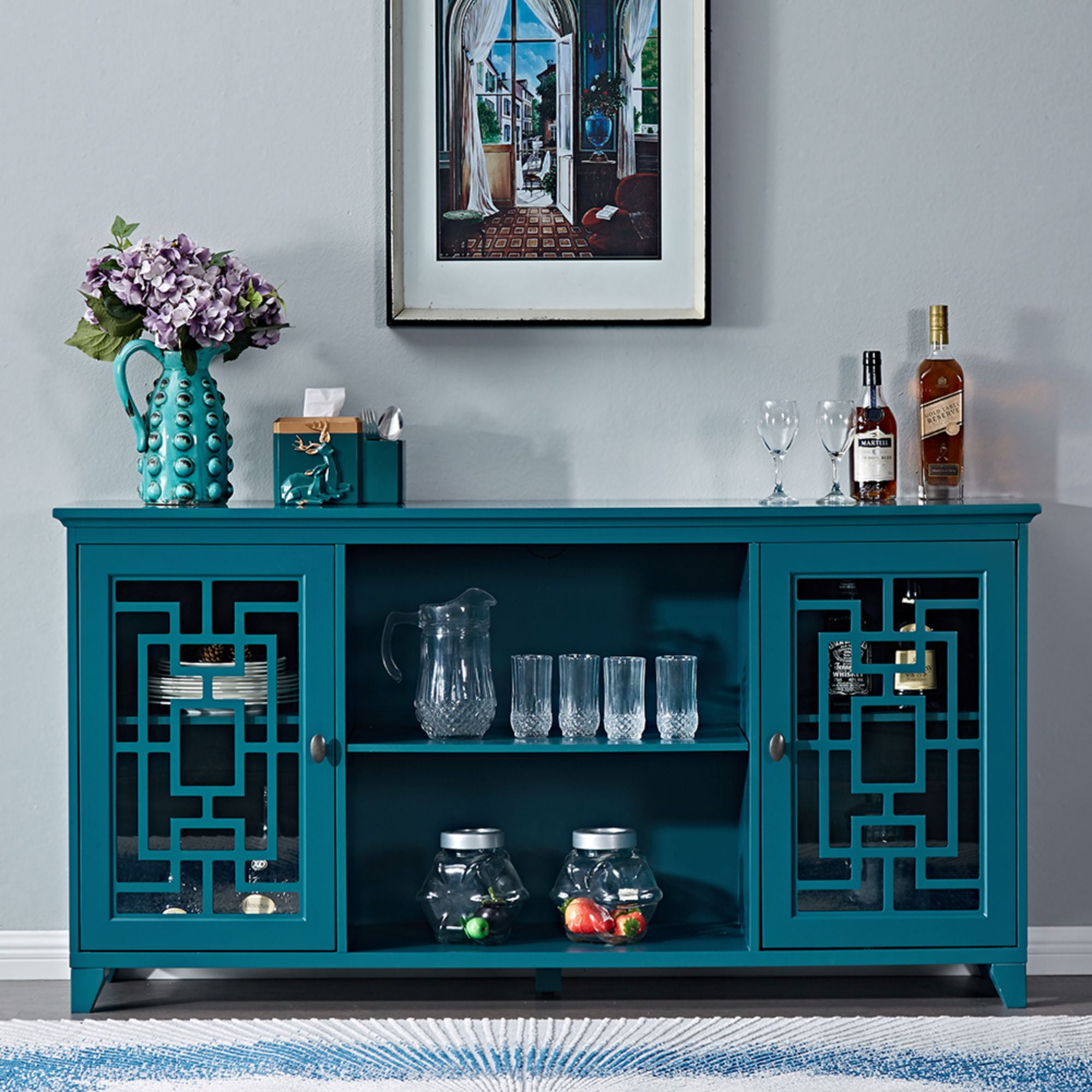 Aukfa Storage Cabinets Modern Kitchen Cabinets for Living Room Dining Room(59.8x15.8X33.5 ), Blue