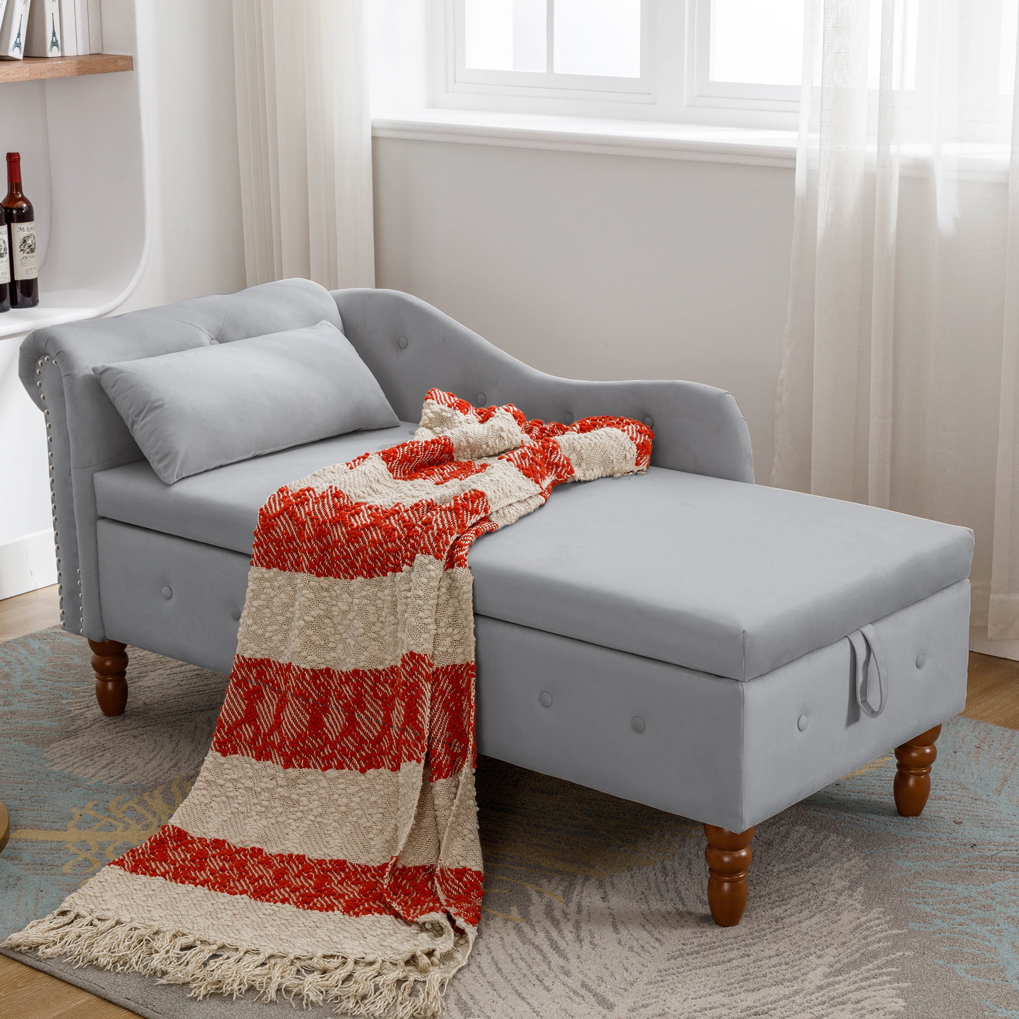 Aukfa Storage Chaise Lounge Chair Indoor Recliner Lounge Chair for Living Room Bedroom,Pillow - Gray