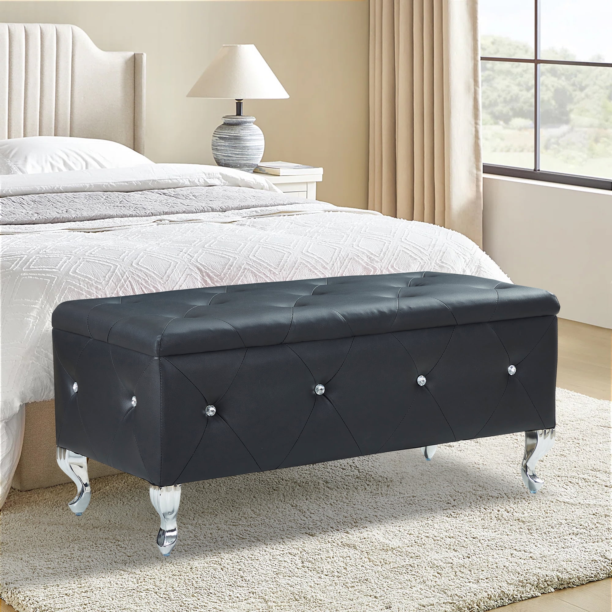 Aukfa Storage Ottoman Bench with Crystal Buttons for Bedroom,Black