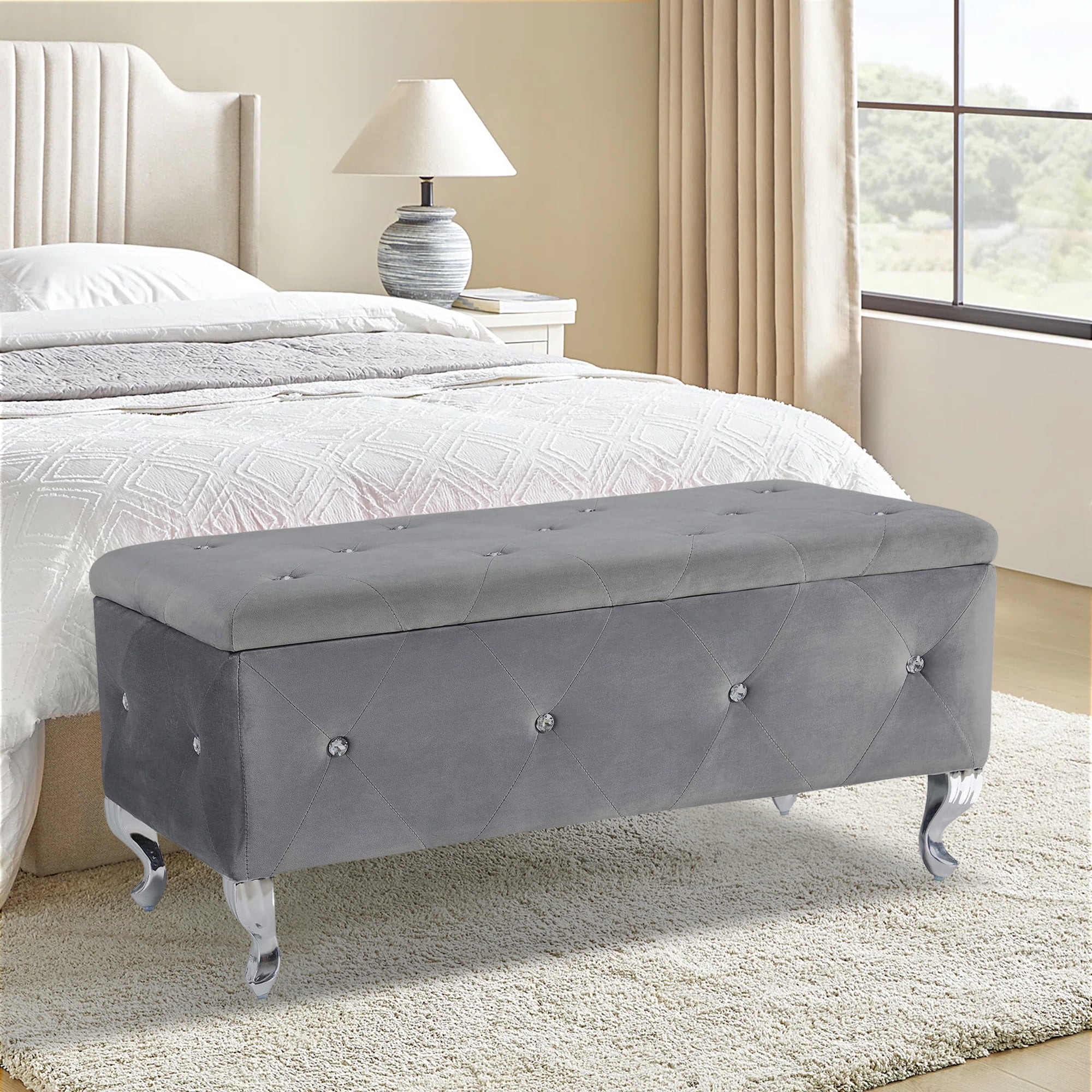 Aukfa Storage Ottoman Bench with Crystal Buttons for Bedroom  gray brown button tufted shoe/bed bench main image 0
