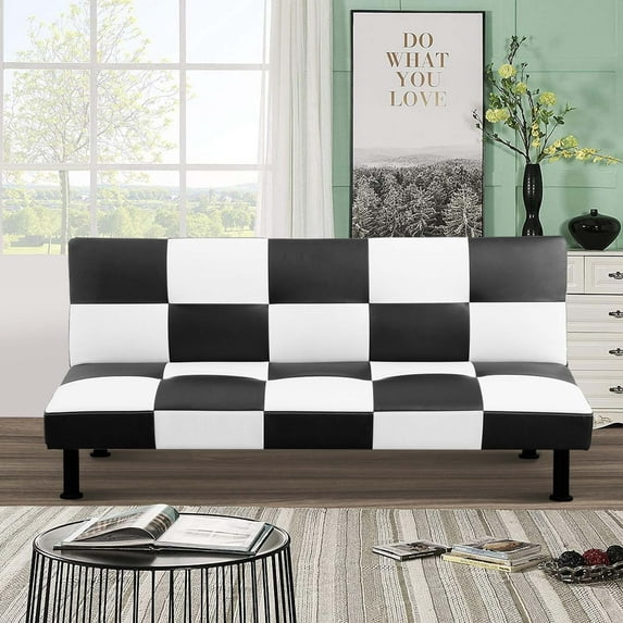 Aukfa Studio Futon Convertible Sofa Bed, Tufted Back, Leather, Black&White