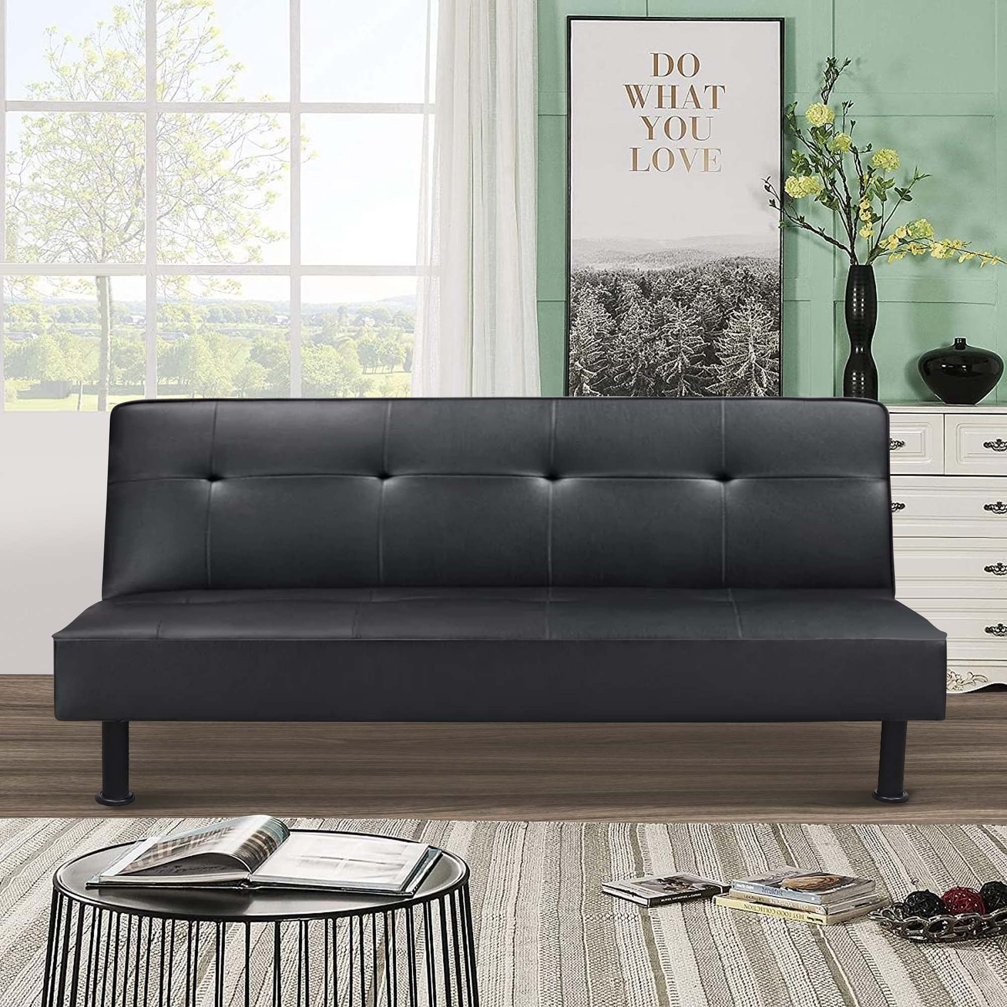 Aukfa Studio Futon Convertible Sofa Bed, Tufted Back, Leather, Black