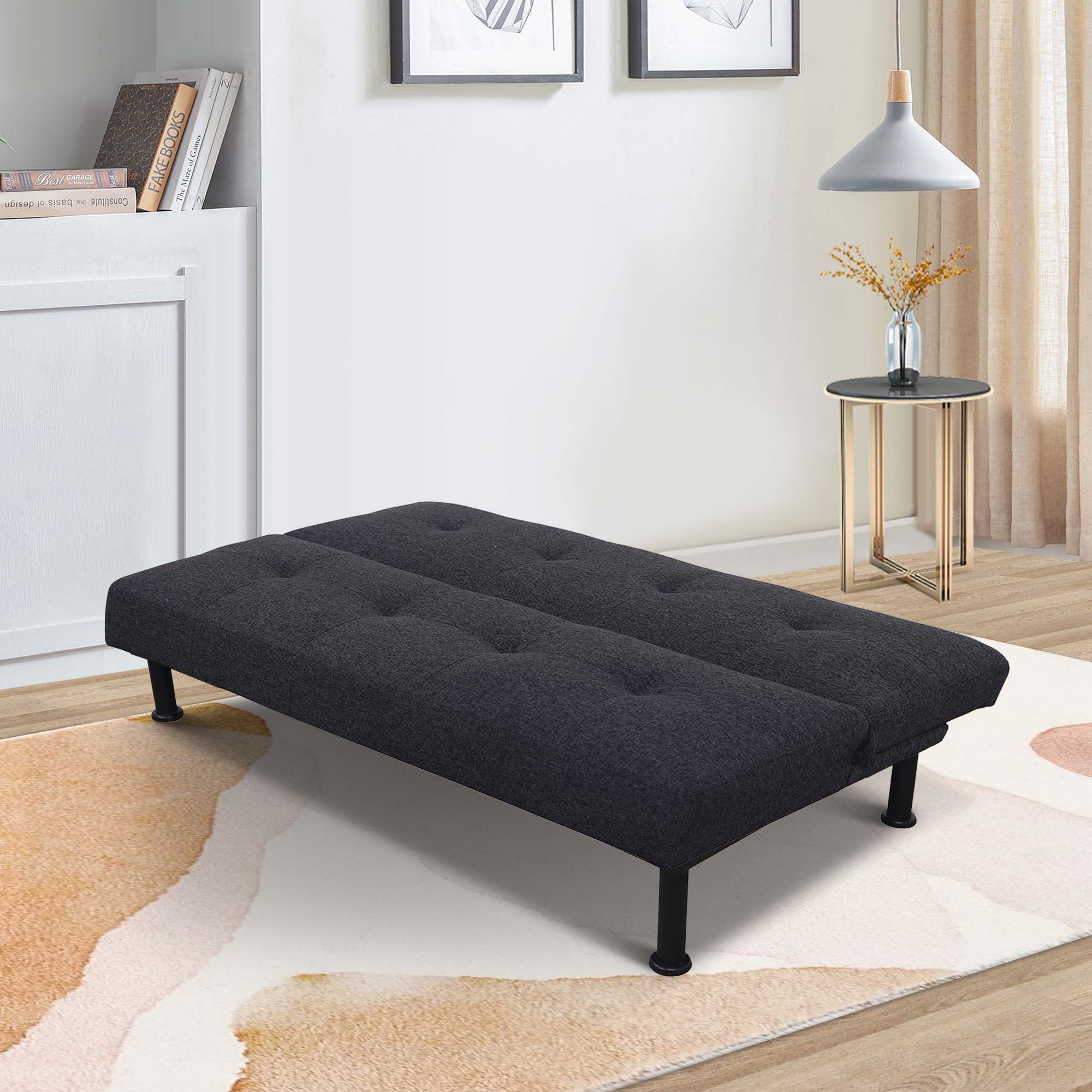 Aukfa Studio Futon Convertible Sofa Bed, Tufted Back, Linen, Black ...