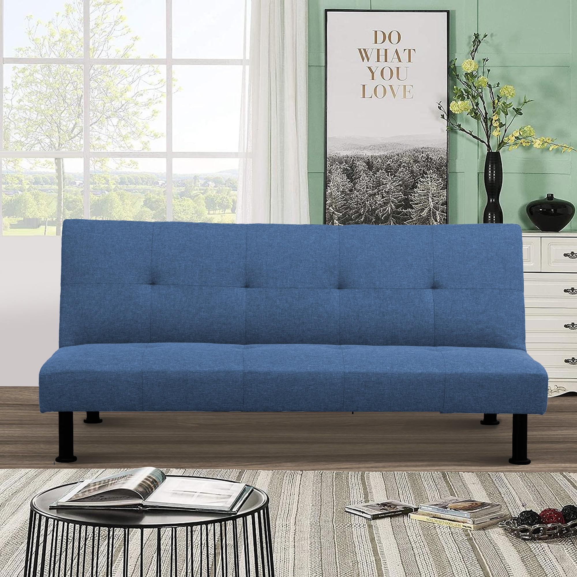 Aukfa Studio Futon Convertible Sofa Bed, Tufted Back, Linen, Blue